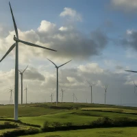 Wind turbines standing in a field, harnessing renewable energy from the wind.